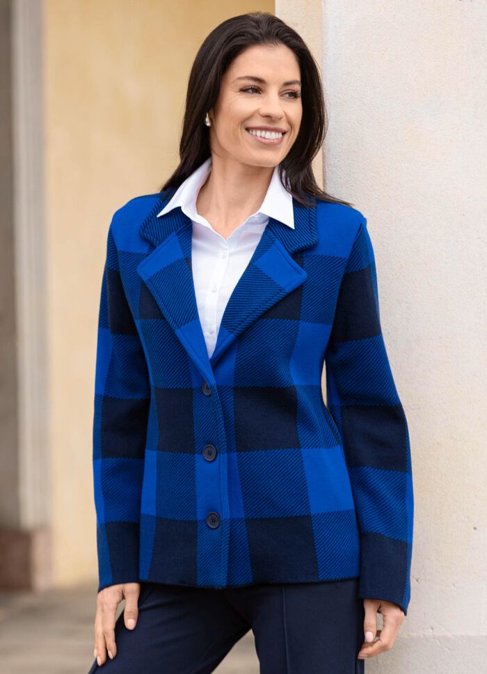 Stickad kavaj i grafiskt jacquardm&ouml;nster 