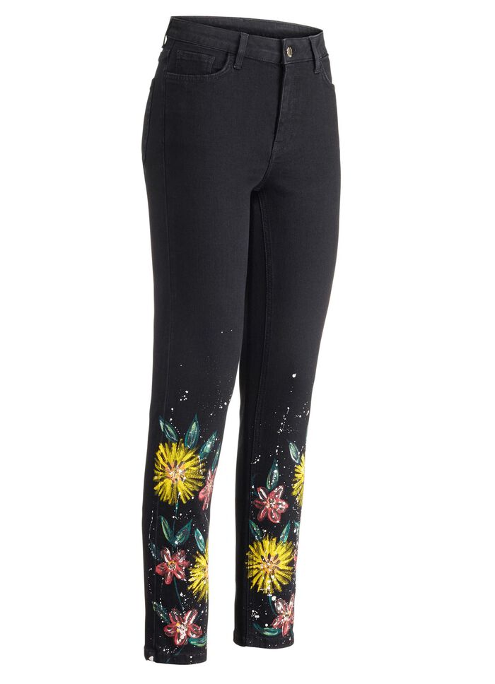 Jeans med handm&aring;lade blommotiv 