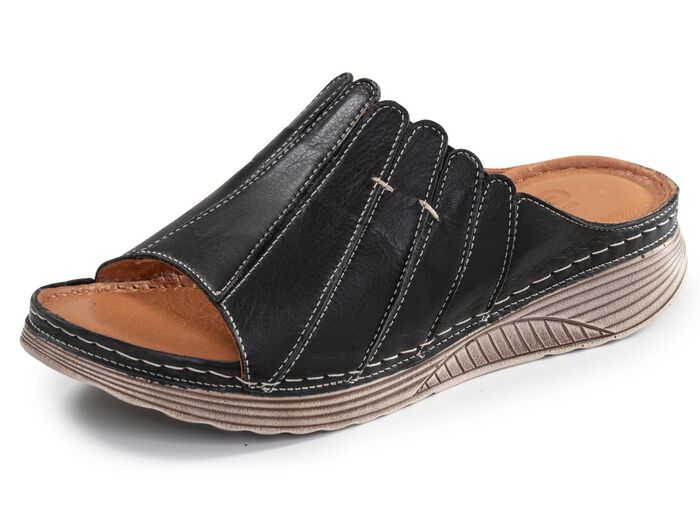 Gemini, snygga damslippers, vidd G, tillverkade av l&auml;der SCHWARZ