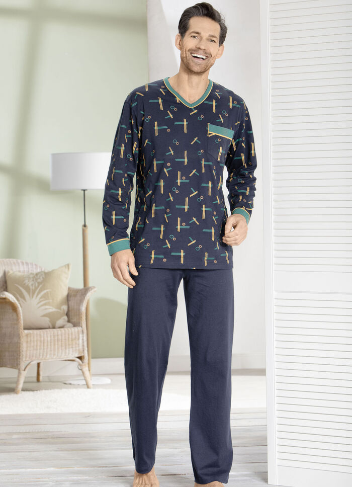Pyjamas med mönstrad topp, V-ringning och bröstficka, 