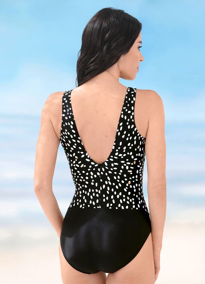 Laurina baddr&auml;kt med gl&auml;nsande folietryck och halvkorsett 