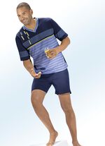 Shorty med V-ringning och randigt tryck fram och &auml;rmar 