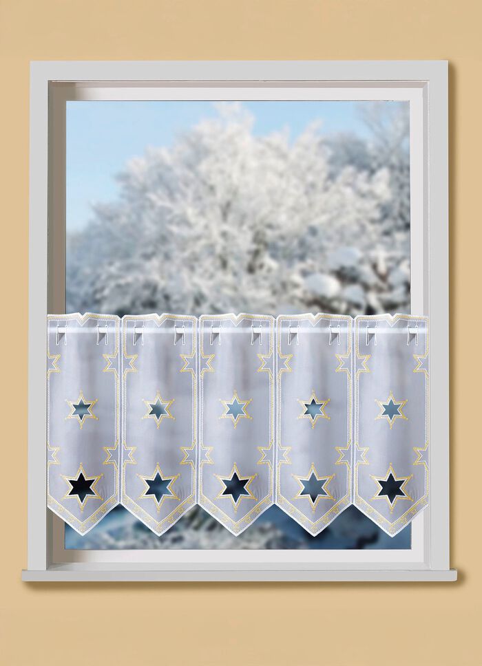 Elegant kort gardin med Plauen-broderi 