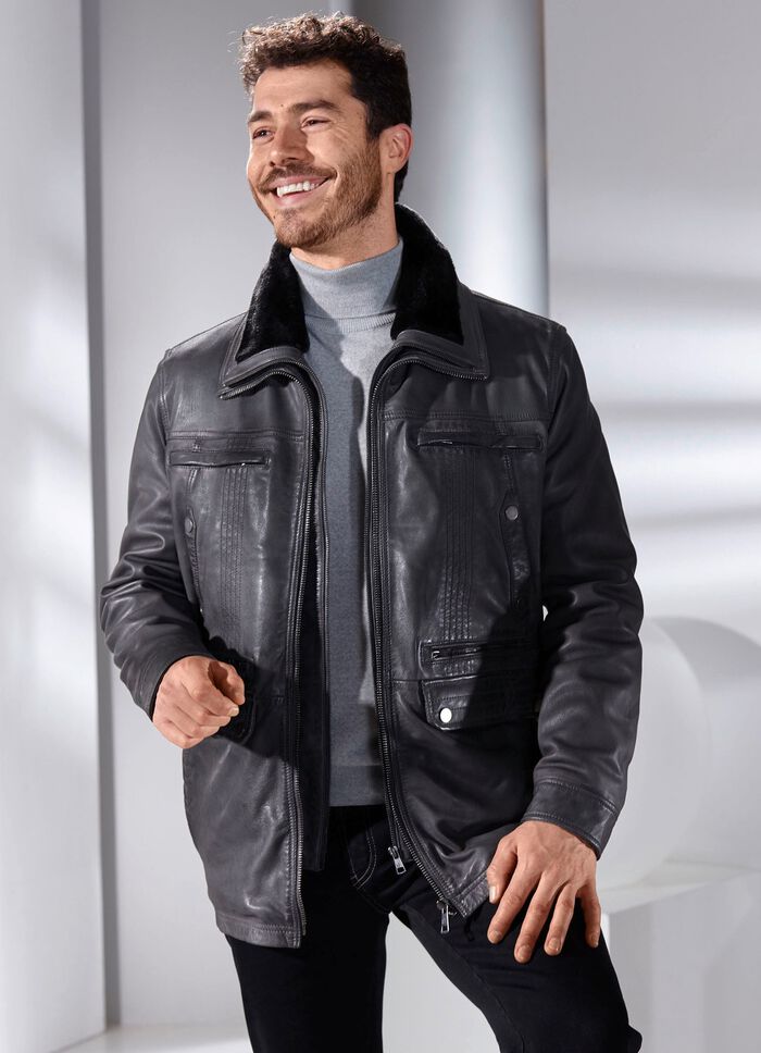 L&auml;derjacka med avtagbar krage i fuskp&auml;ls 