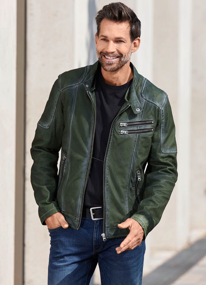 Kort l&auml;derjacka med huva 