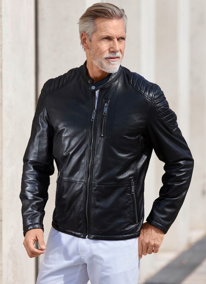 Kort skinnjacka med dekorativ quiltning 