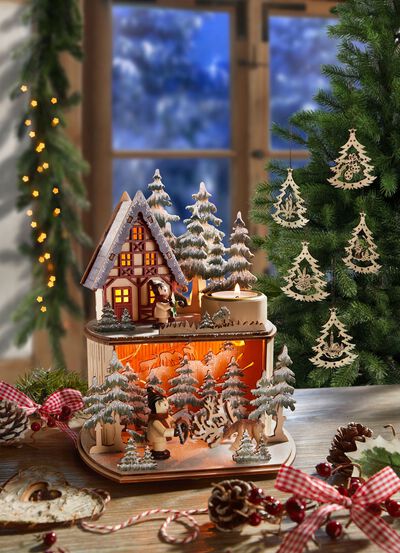 Upplyst vinterskogsscen 