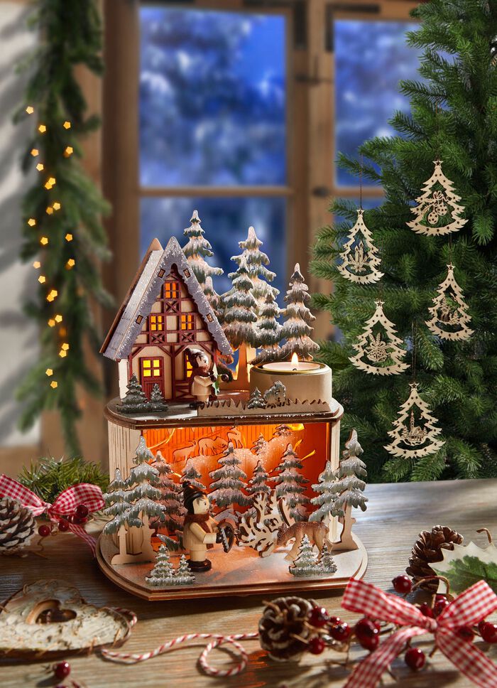 Upplyst vinterskogsscen 