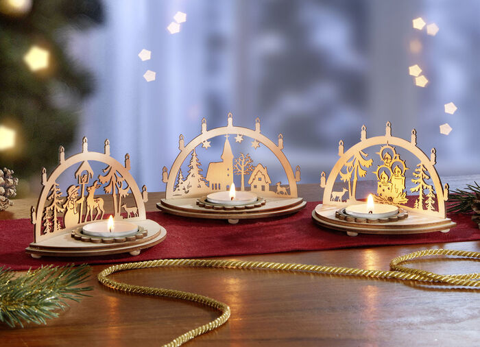 Värmeljushållare i trä, set om 3 