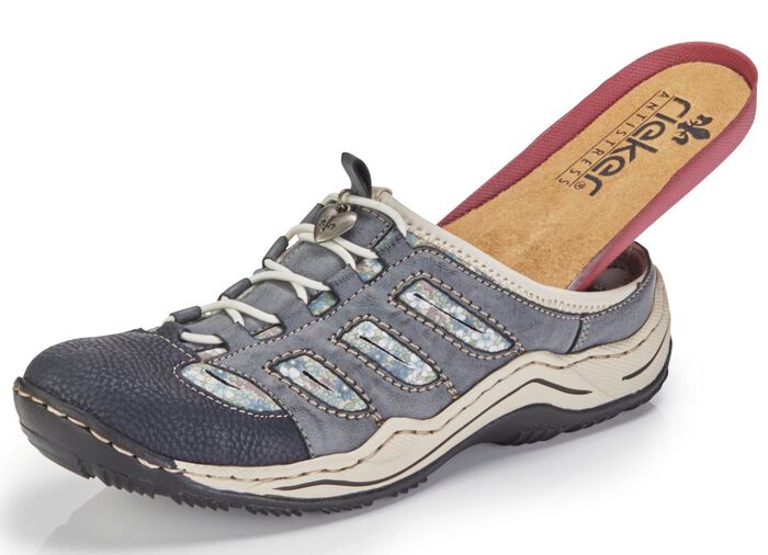 Rieker, klassiska damtr&auml;skor, med elastisk dekorativ sn&ouml;rning DENIM BL&Aring;-BEIGE