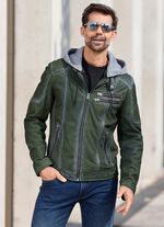 Kort l&auml;derjacka med huva 