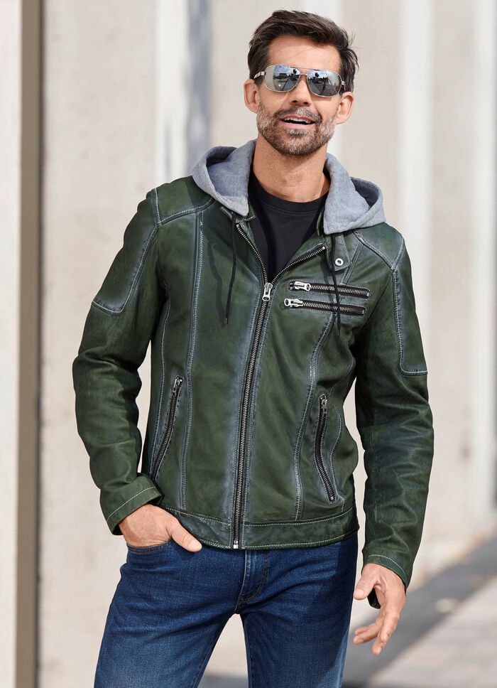 Kort l&auml;derjacka med huva 