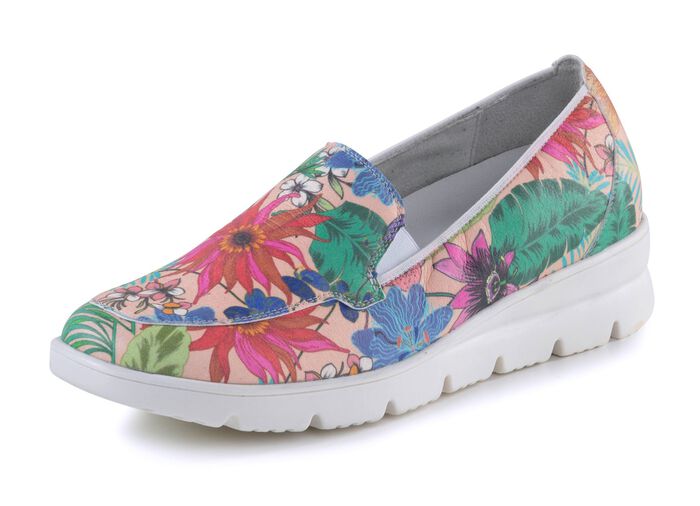 Waldl&auml;ufer tofflor tillverkade av bestruket, blomtryckt textilmaterial 