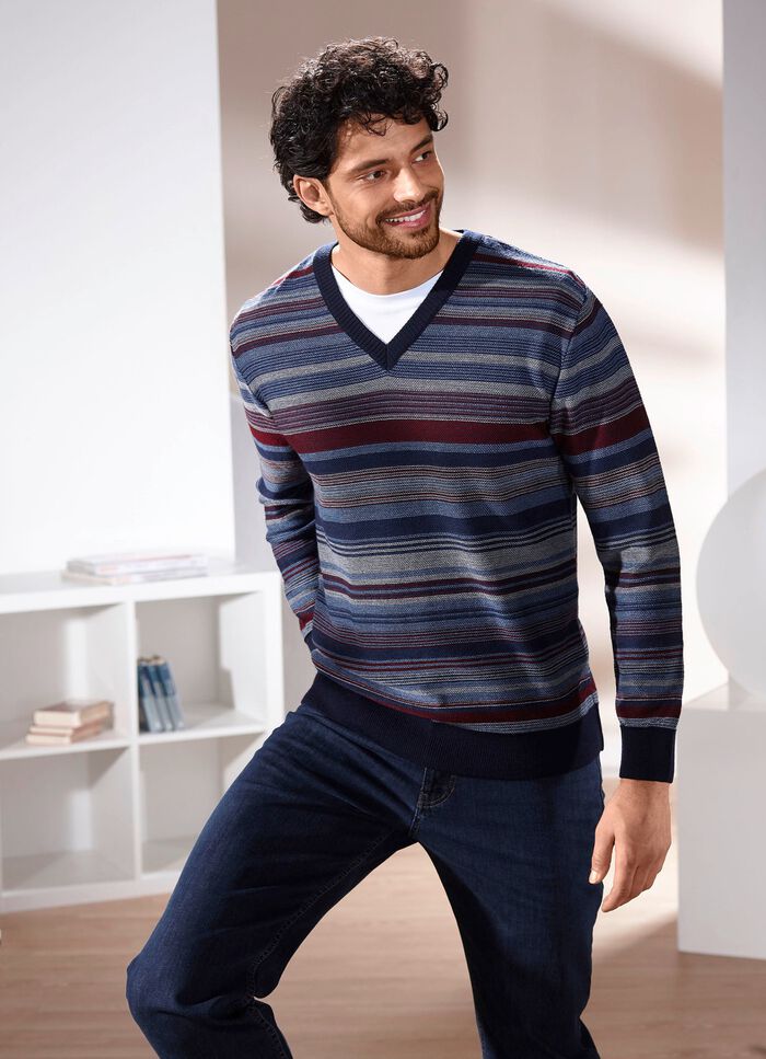 Randig V-ringad tr&ouml;ja i 2 f&auml;rger JEANSBL&Aring;-BORDEAUX