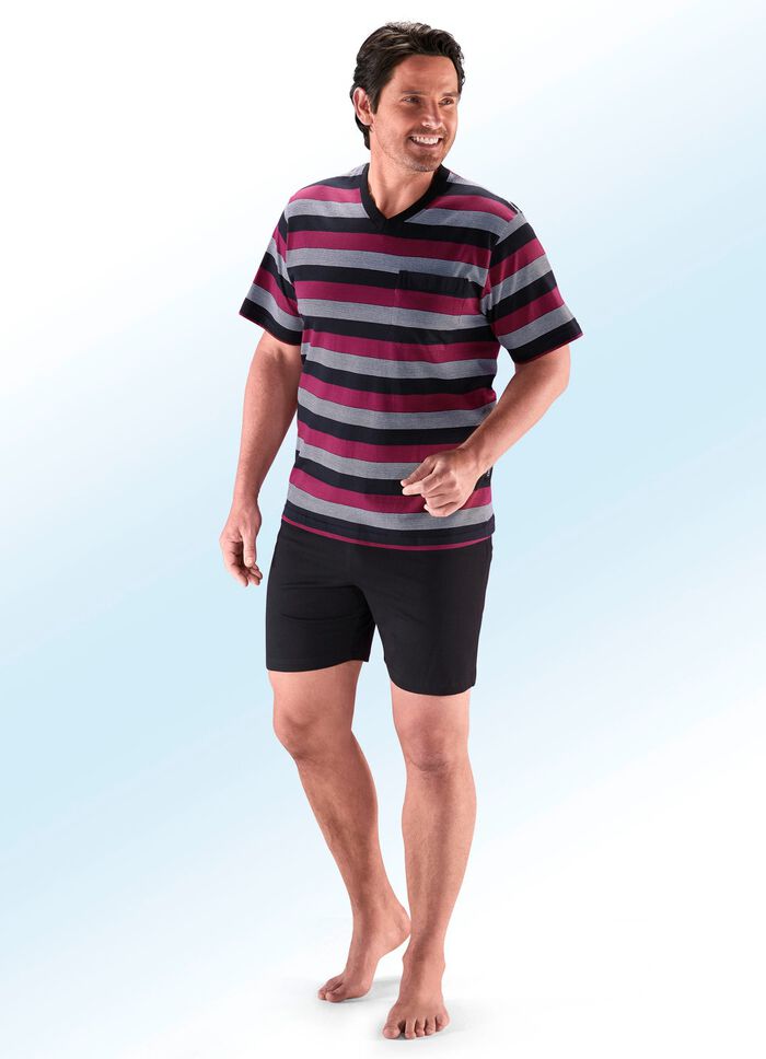 Tv&aring;pack med shorts med V-ringning, br&ouml;stficka och garnf&auml;rgad randig design 