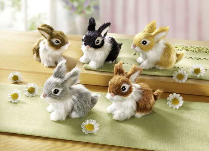 Plyschkaniner i naturtrogna f&auml;rger, set om 5 