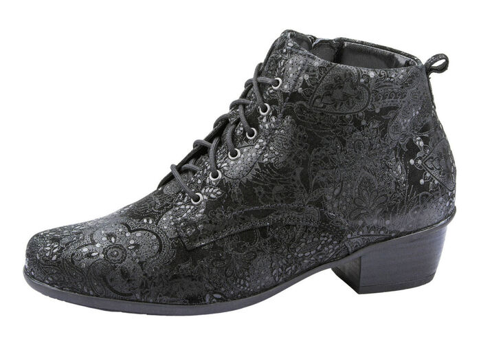 Waldläufer - ankelkänga med snörning och blommig prägling SVART