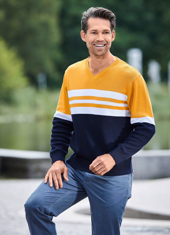 Trendig V-ringad tr&ouml;ja MARINE-OCKER-WEISS