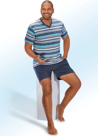 Shorty gjord av ekologisk bomull med V-ringning och garnf&auml;rgad randig design 