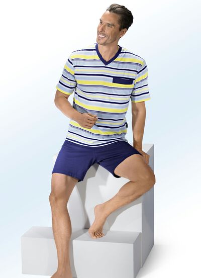 Kort&auml;rmad pyjamas i tv&aring;pack med V-ringning och br&ouml;stficka 