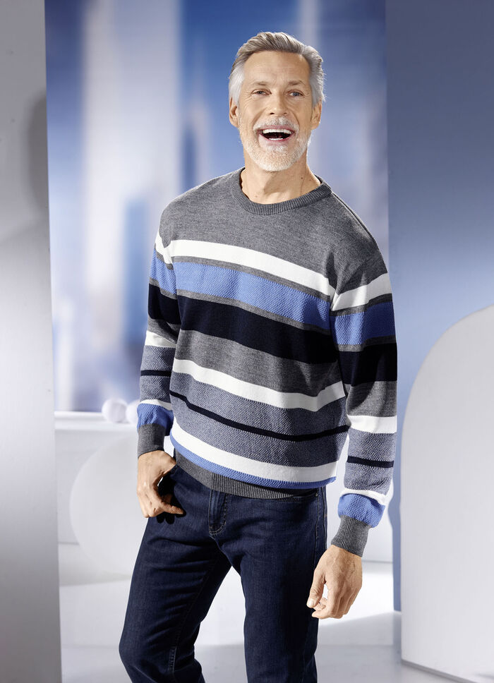 Tröja med rund hals och en texturerad mix överallt GRÅ-NAVY-BLEU-ECRU