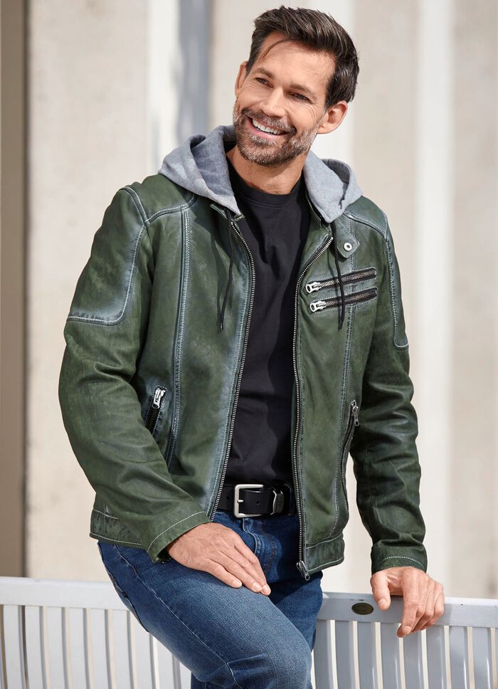 Kort l&auml;derjacka med huva 