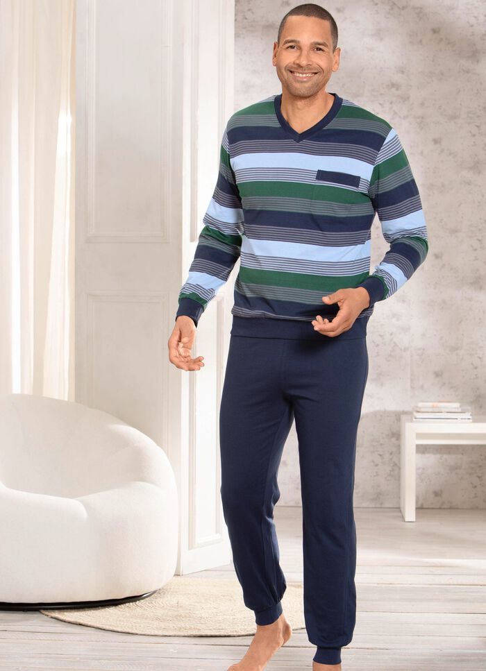 Tv&aring;pack pyjamas med V-ringning och lappad br&ouml;stficka i randig design 