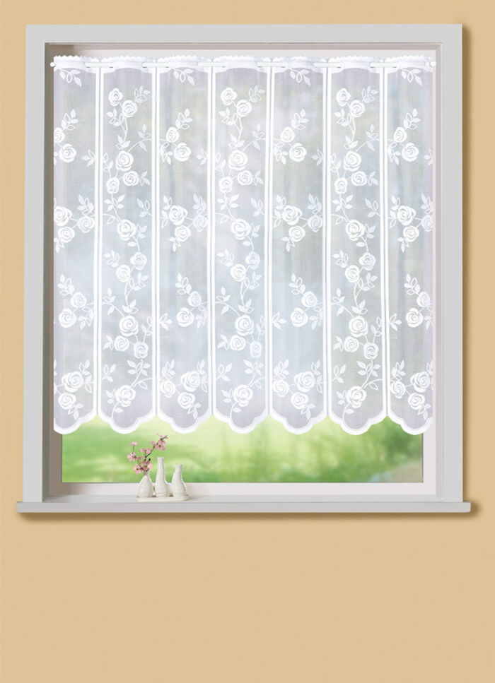 Romantisk kort gardin med rosmotiv VIT