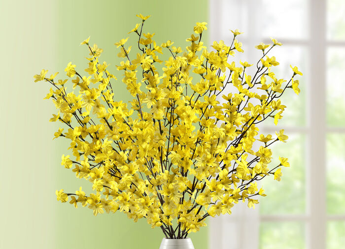 Bedrägligt verkligt utseende forsythia-grenar, set om 5, 