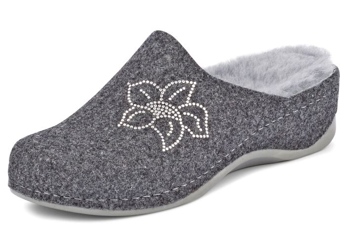 Mubb, fodrade damtofflor, bredd H, med lammskinn ANTRACIT