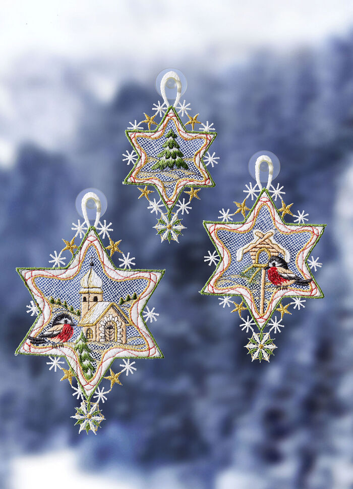 Fönsterbildstjärnor, set om 3, gjorda av Plauenspets 