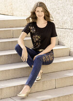 Eleganta jeans med handmålade blommotiv 