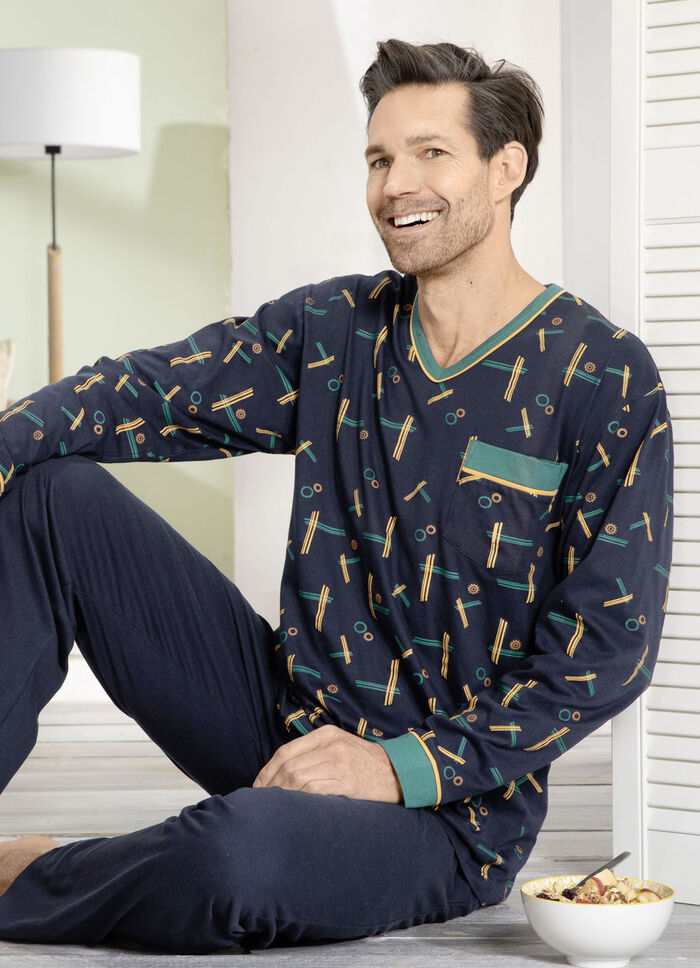 Pyjamas med mönstrad topp, V-ringning och bröstficka, 