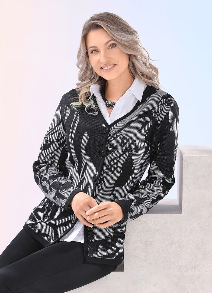 Cardigan i grafisk look med plasteffekt 