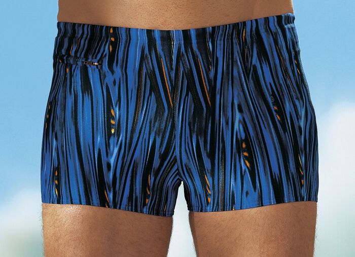 Badbyxor från Schwab i hög modell med längre ben och dragkedjeficka KUNGLIGT BLÅ-SVART