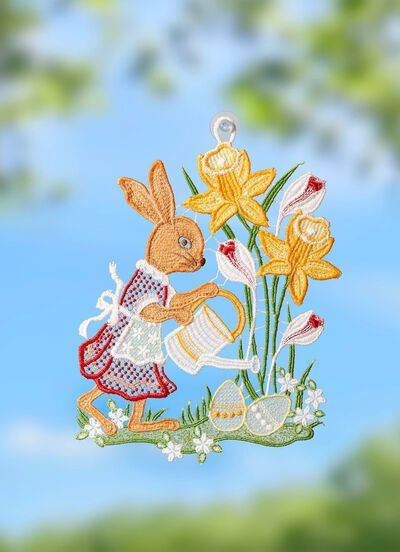 F&ouml;nsterbild kanin gjord av &auml;kta Plauenspets 