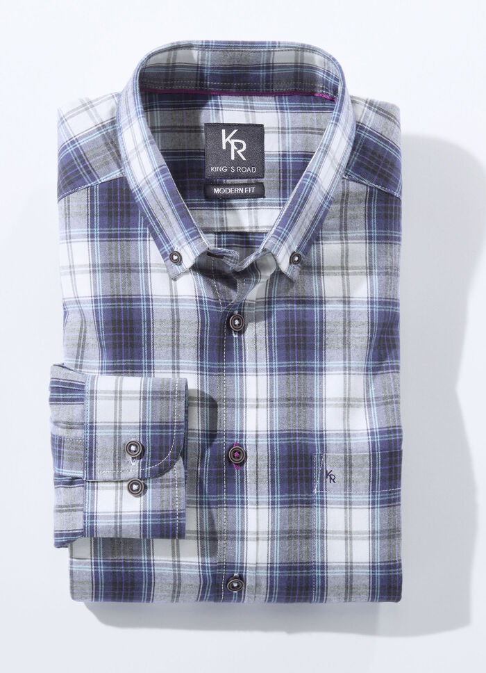 Skjorta från "King's Road" med button-down krage i 3 färger MÖRKLILA ECRU KONTROLLERAD