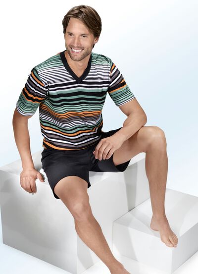 Shorty med V-ringning, bröstficka och randig design, , large