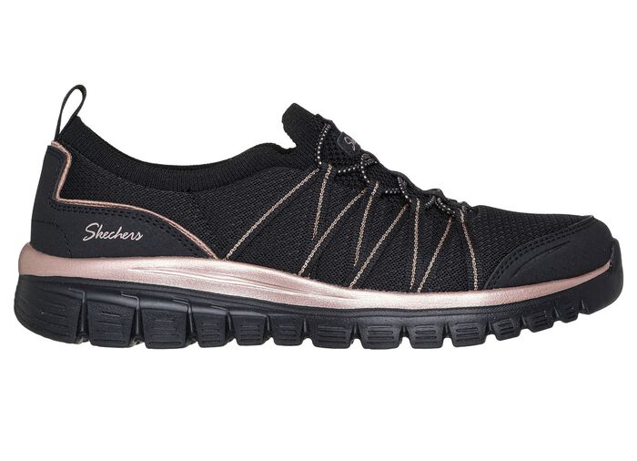 SKECHERS, trendiga damtofflor, tillverkade av stickat meshmaterial SVART-ROSA GULD