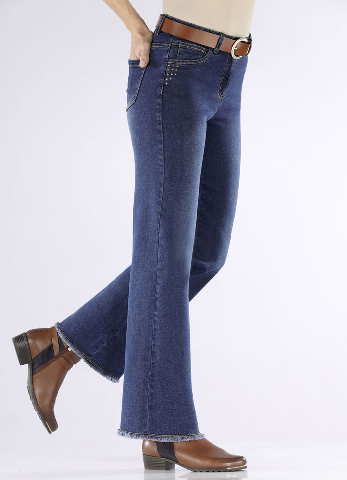 Jeans med trendig fransad fåll MÖRKBLÅ