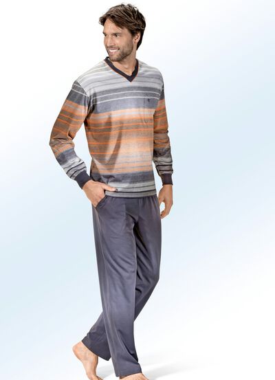 Hajo Klima komfortpyjamas med V-ringning, bröstficka och garnfärgad randig design, , large