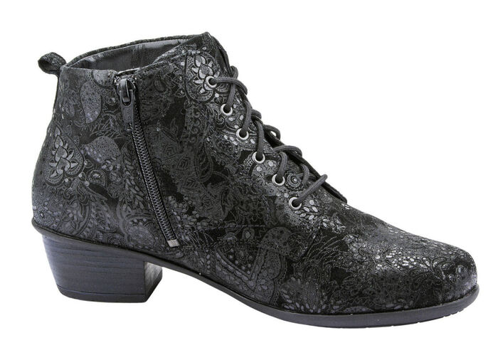 Waldläufer - ankelkänga med snörning och blommig prägling SVART