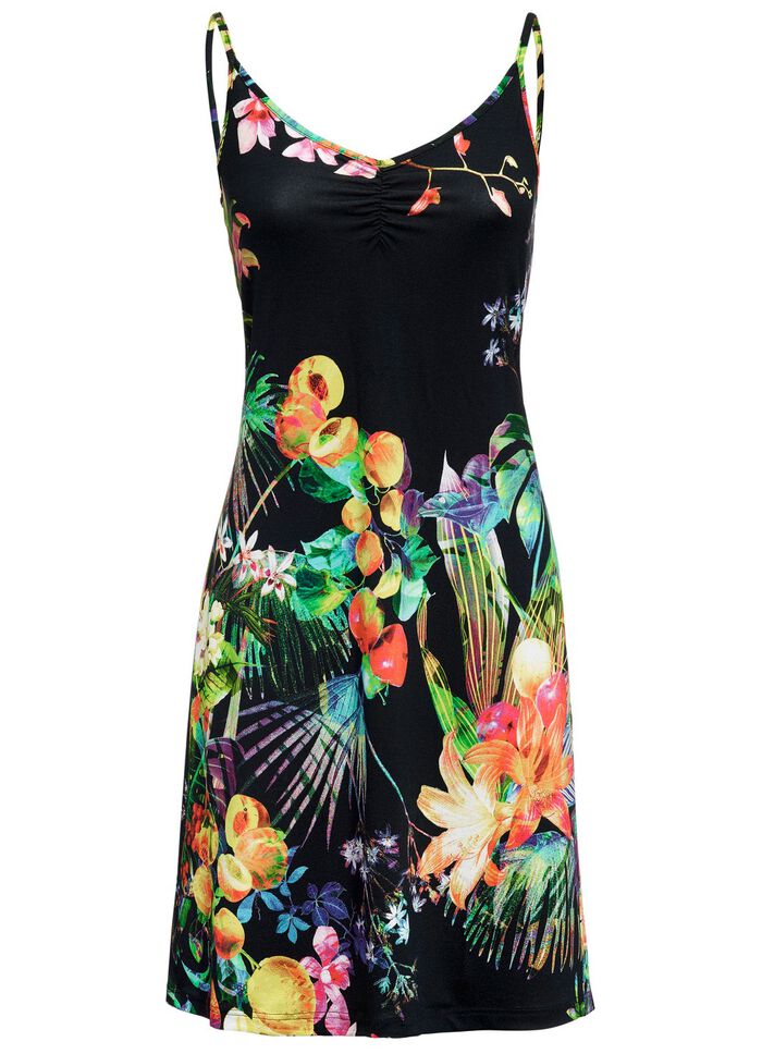 Kl&auml;nning med spaghettiband och ett f&auml;rgsprakande tryckm&ouml;nster 