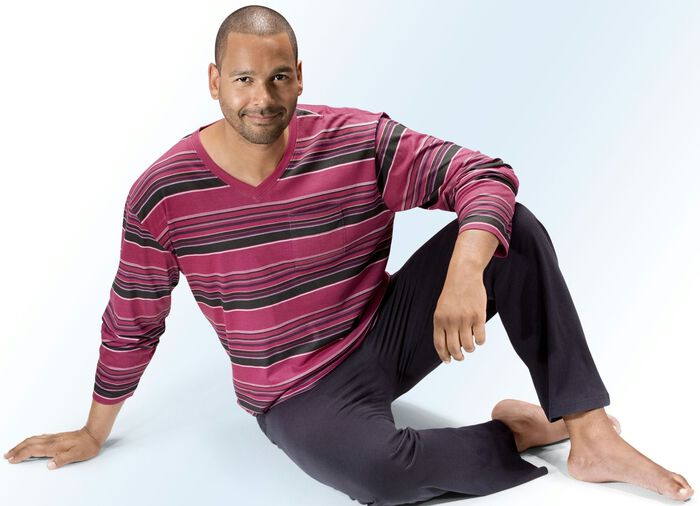 Pyjamasar i tv&aring;pack med V-ringning, randm&ouml;nster och br&ouml;stficka 