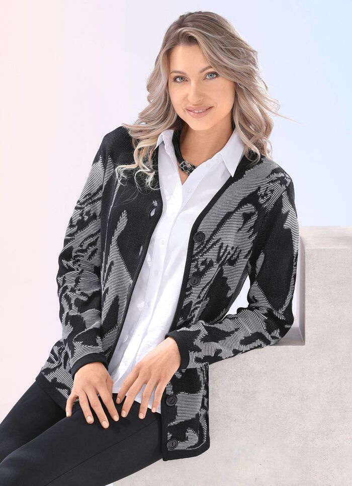 Cardigan i grafisk look med plasteffekt SVARTVITT
