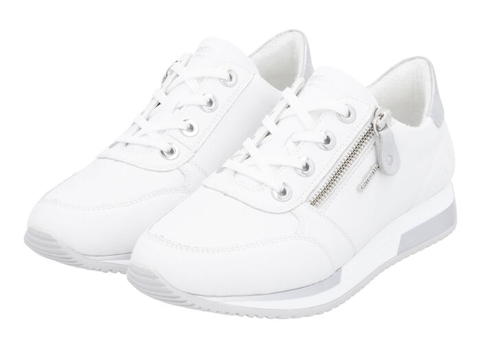 Remonte-sneakers med snörning och skimrande silverfärgad kontrastkant VIT