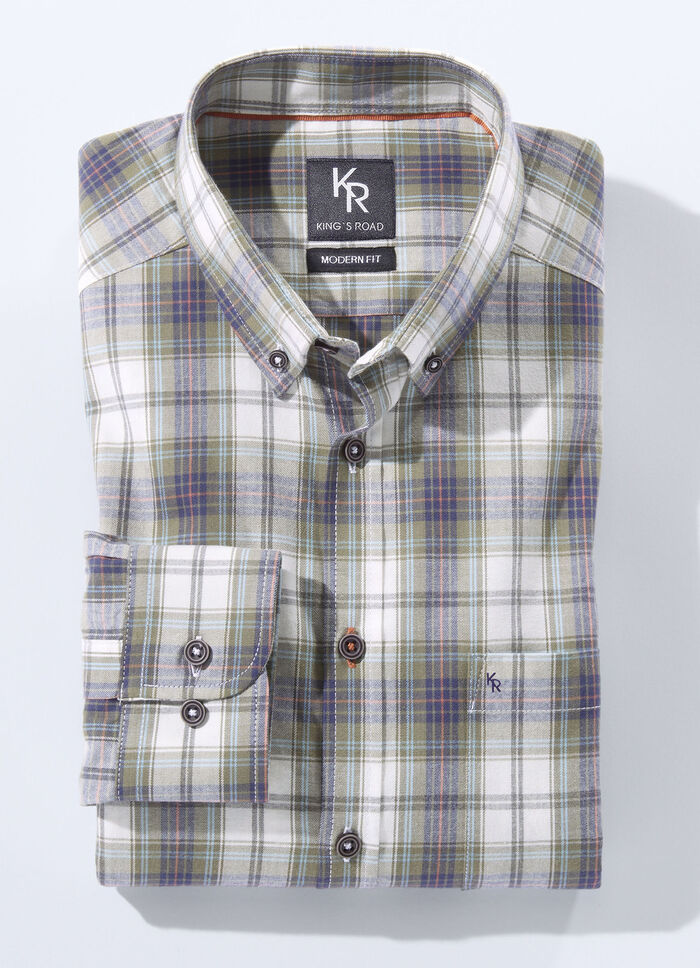Skjorta från "King's Road" med button-down krage i 3 färger GRÖN-ECRU KONTROLLERAD