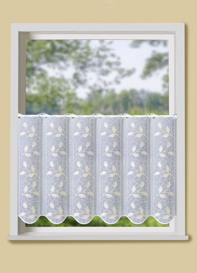 Kort gardin med filigranbroderad lövdesign 