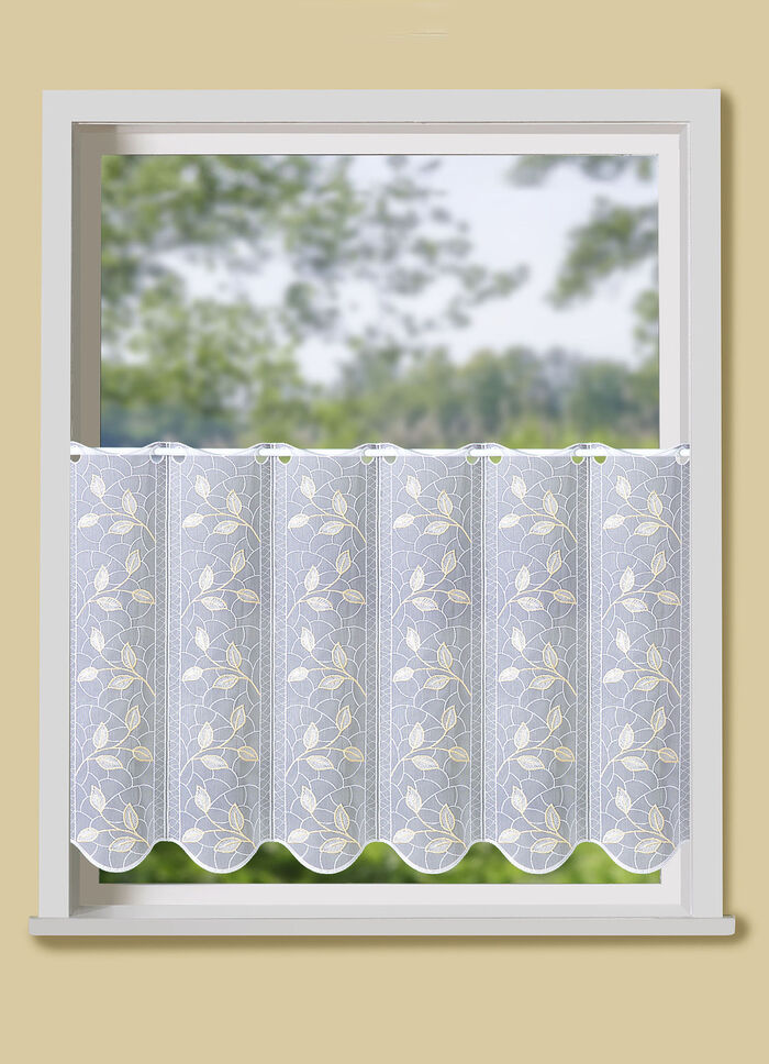 Kort gardin med filigranbroderad lövdesign 