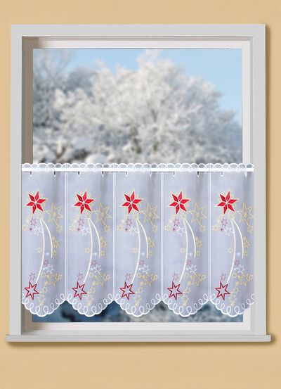 Kort gardin med äkta Plauen-broderi och metalliserat garn 